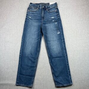 American Eagle Super High Rise Baggy Straight Mom Jeans Women 0 Short NWT Blue